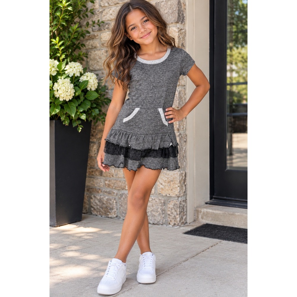 Sophia + Zeke Girls Gray Marl Ruffle Hem Dress Mesh Trim Size 10/12 M